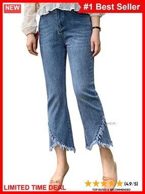 Women's Stretch Denim Ripped Cropped Jeans Frayed Fringe Hem